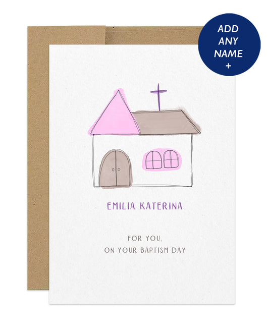 Baptism/Christening Card - Pink Church - Add Any Name